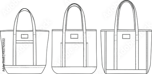Three black and white line drawings of tote bags with handles and pockets handbag