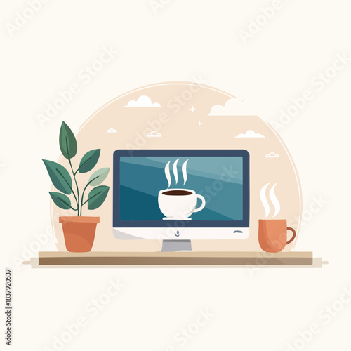 Illustration vectorielle d’une tasse de café sur un bureau de travail