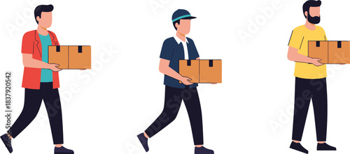 Three men carrying cardboard boxes in flat design style male person