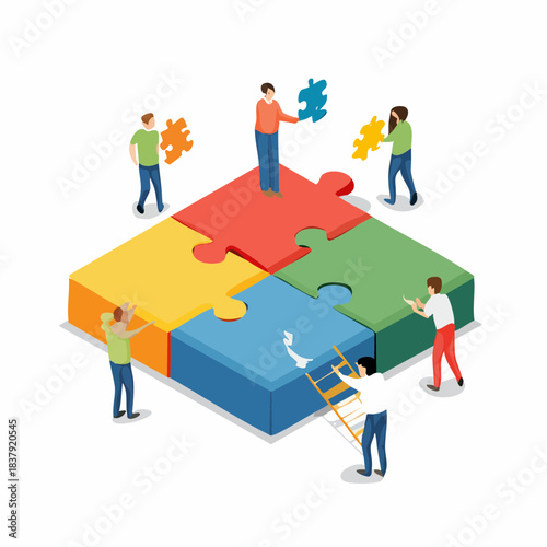Illustration vectorielle de personnages assemblant un puzzle collaboratif