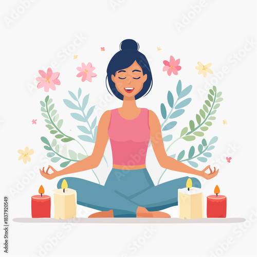 Personne stylisée en méditation entourée de fleurs et bougies