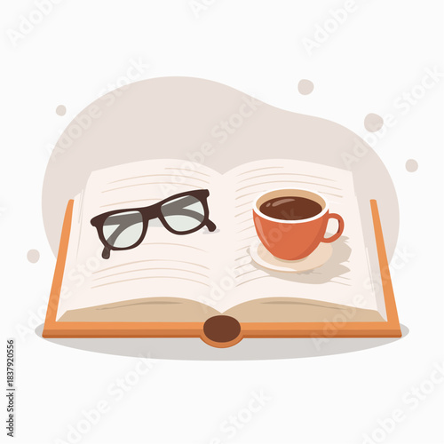 Illustration vectorielle d’un livre ouvert et tasse de café pour moment lecture