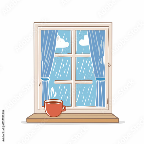 Illustration vectorielle d’une fenêtre sous la pluie avec tasse de thé chaude