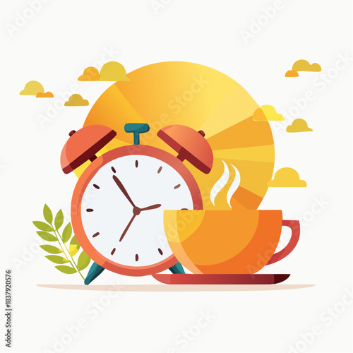 Illustration vectorielle d’un réveil et d’une tasse symbolisant le matin positif