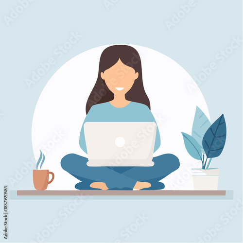 Icône minimaliste de télétravail avec ordinateur portable et tasse de café