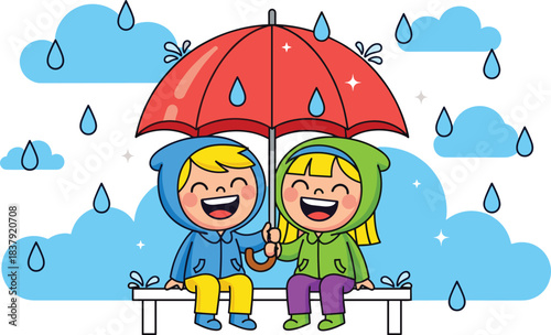 Two happy children in raincoats sharing a red umbrella under blue clouds and rain