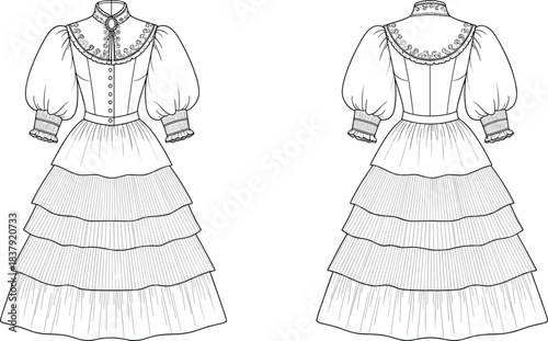 Victorian era ruffled tiered skirt dress front and back fashion illustration clothing