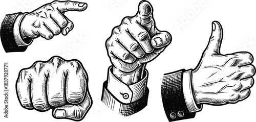 Vintage Style Black and White Hand Gestures Collection pointing fist