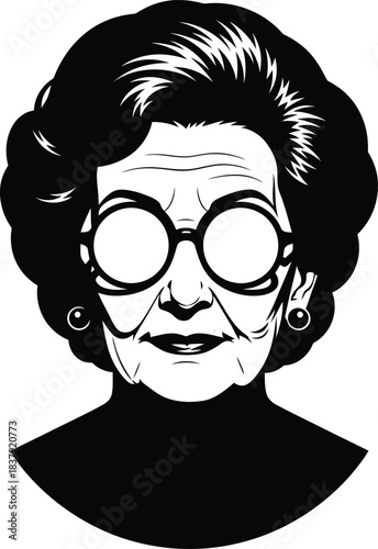 Highcontrast graphic portrait of a stylish elderly woman with coiffed hair and large round glasses.