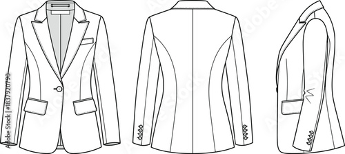 Womens tailored blazer front back and side view line art jacket womenswear