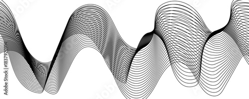 Abstract Bright Neon black and white Wave Line Art Background, with Smooth, Flowing, and Dynamic Wavy Ribbon Pattern.Waves curve and overlap fluidly, stretching horizontally across with soft....