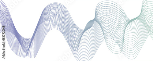 Abstract Bright Neon blue and white Wave Line Art Background, with Smooth, Flowing, and Dynamic Wavy Ribbon Pattern.Waves curve and overlap fluidly, stretching horizontally across with soft....