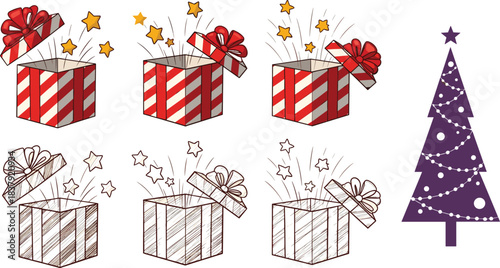 Christmas gift boxes and tree, festive holiday illustration, seasonal decor elements, colorful and monochrome design, cad drawing flat vector illustration