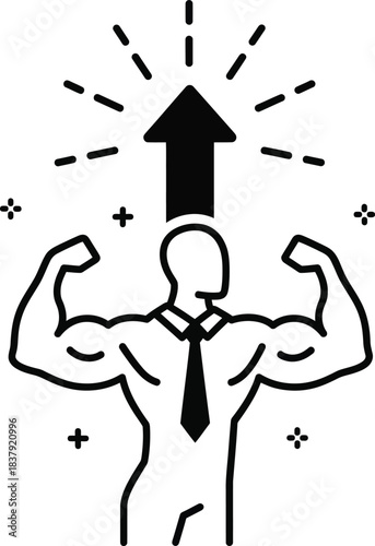 Line art icon of a muscular businessman flexing with an upward arrow symbolizing growth.