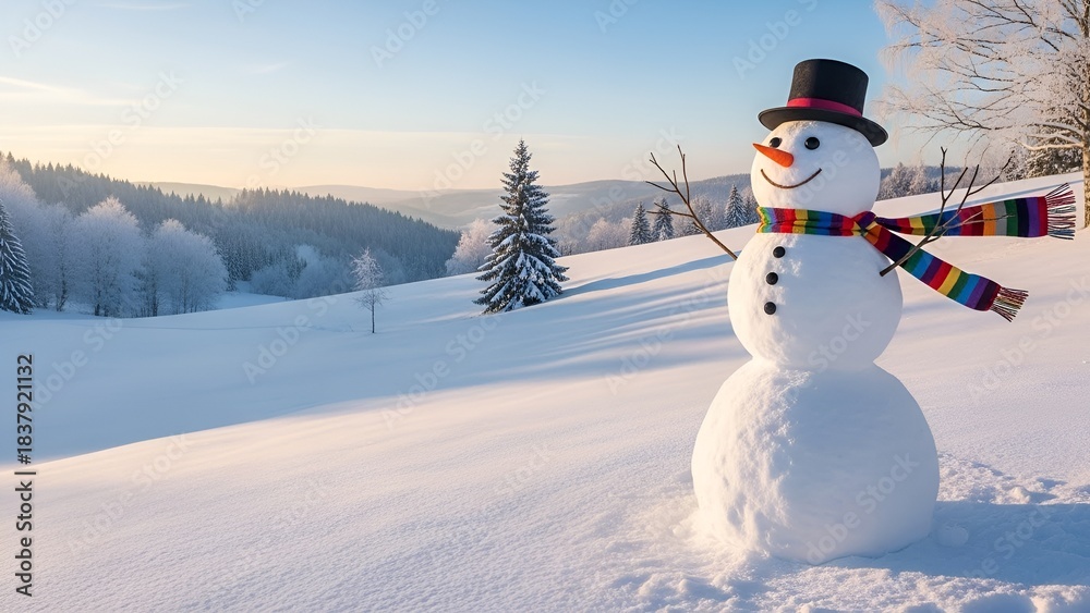 Obraz premium Festive snowman standing cheerfully in a snow-covered winter landscape at sunrise