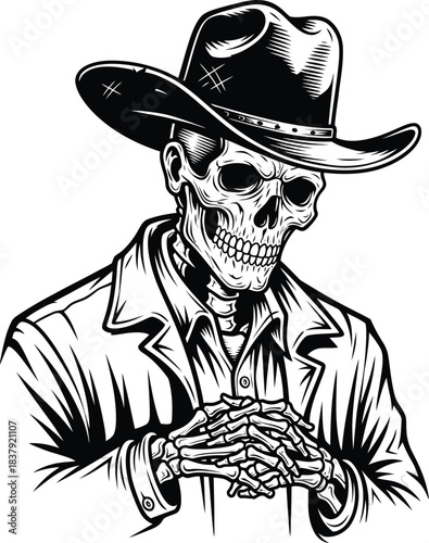 Menacing skeleton cowboy in a western hat and coat with interlocked bony fingers a detailed line art illustration.