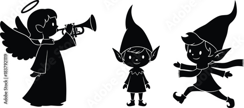 Christmas silhouette characters, festive angel and elves, holiday cartoon figures, seasonal decoration icons, cad drawing flat vector illustration