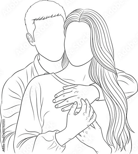 Minimalist line art of a faceless couple in a tender embrace man hugging woman from behind.