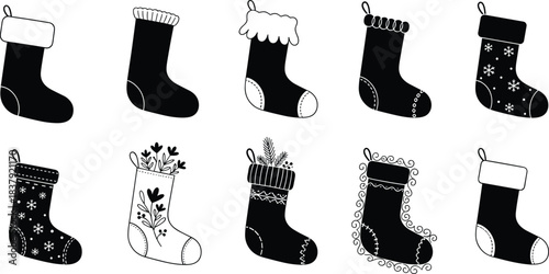 Christmas stockings collection, festive holiday decor, winter celebration, traditional gift socks, seasonal ornament, pine sprigs, snowflake pattern, cad drawing flat vector illustration