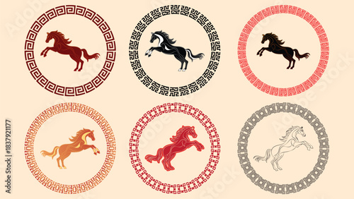 Elegant Oriental Horse Emblem Illustration with Red Black Gold Color Chinese Circle Pattern and Traditional Line Art Style for Lunar New Year Celebration Design Background
