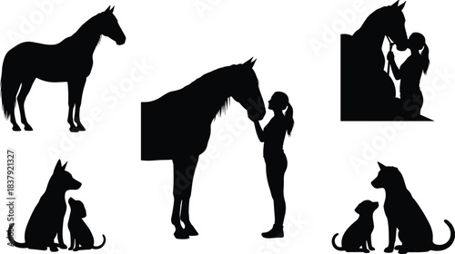 Animal companionship silhouette set, horse and dog interaction icons, black illustration, pet care concept, emotional bond symbol, human-animal relationship profile
