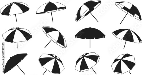 Silhouette beach umbrellas collection, various parasol angles and designs, summer shade equipment set, outdoor beach accessories illustration, black and white umbrella icons