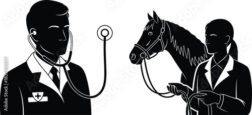 Silhouette doctor and veterinarian, medical professional with stethoscope, animal care and horse checkup scene, healthcare teamwork concept, black figures isolated on white background