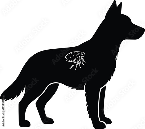Silhouette dog with flea, pet parasite infestation concept, veterinary health awareness illustration, canine pest control problem, black animal figure isolated on white background