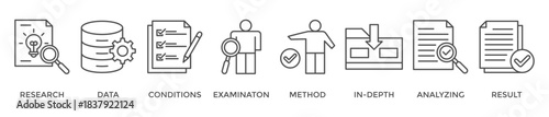Case study banner web icon vector illustration concept with icon of research, data, conditions, examination, method, in-depth, analyzing, and result