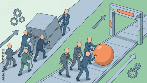 Smart work concept: Teams pushing a difficult block and easily rolling a ball