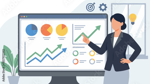 Businesswoman Presenting Data Analysis and Growth on Computer Monitor