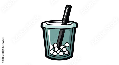 Illustration of Bubble Tea with Tapioca Pearls and Straw.