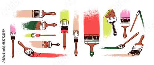 Paint brush tool painting, leaving bristle mark, stroke, trace. Paintbrush drawing smudge, smear textures, coloring process, applying colour. Flat vector illustrations isolated on white background