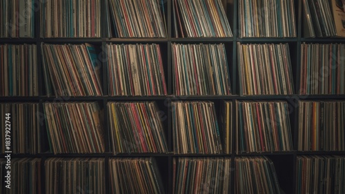 A vast collection of vintage vinyl records neatly organized on shelves music