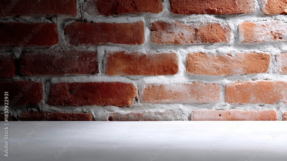 Obraz premium A rustic red brick wall showcases its textured surface. The interplay of light and shadow adds depth. This image captures a timeless charm perfect for backgrounds or design projects. AI