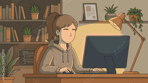 Young woman coding on computer in a cozy home office with plants
