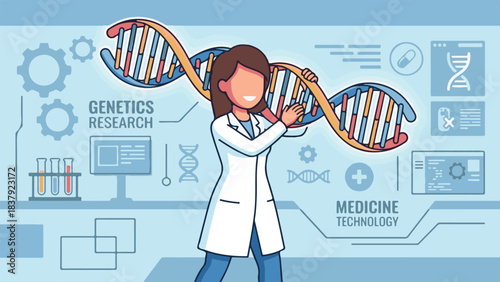 Scientist with DNA helix, representing genetics research and medicine technology