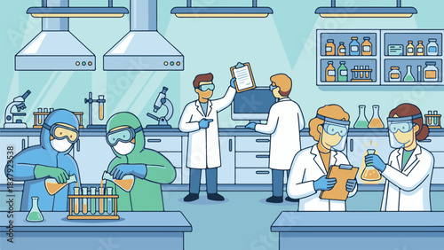 Lab team performing scientific experiments with protective gear and lab equipment