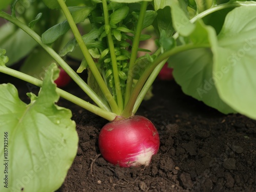 Bright red radish root growing in dark soil with green leaves vegetable plant