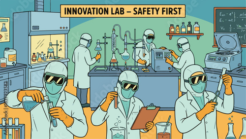 Scientists working in an innovation laboratory performing various experiments