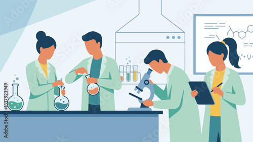 Scientists conducting experiments in a modern laboratory, flat vector illustration