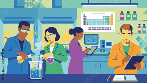 Diverse Team of Scientists Conducting Experiments and Analyzing Data in a Lab