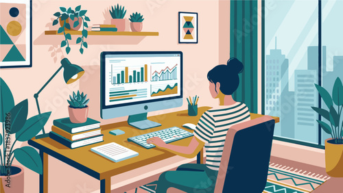 Woman analyzing business data charts on computer in modern home office