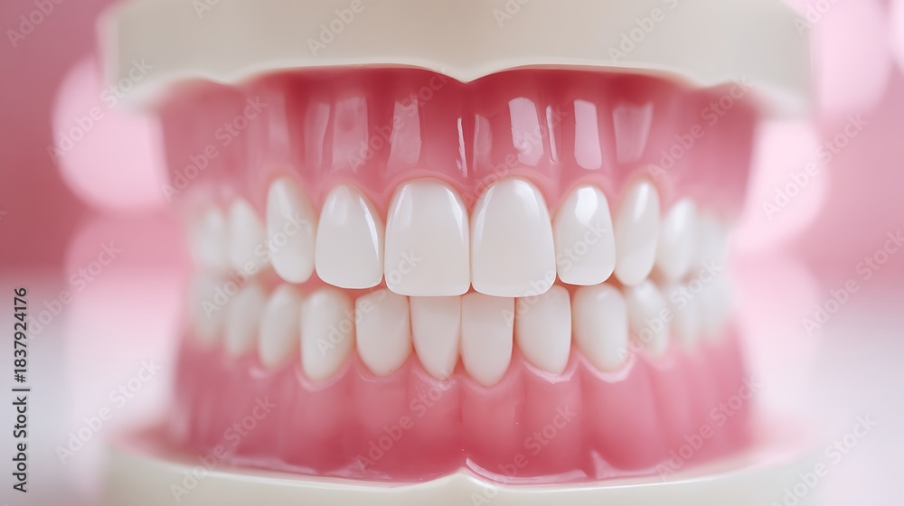 Fototapeta premium Artificial dental model showing clean white teeth and pink gums with dental theme in close up view.
