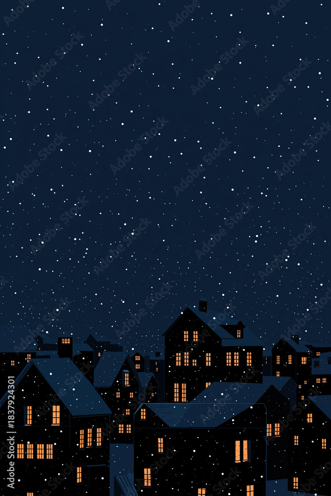 Fototapeta premium Snowy village houses illuminate winter night under beautiful starry dark sky.