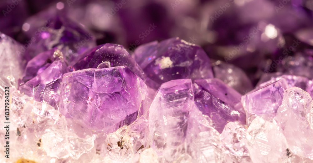 Fototapeta premium Amethyst purple crystals. Gems. Mineral crystals in the natural environment. Texture of precious and semiprecious stones. Seamless background with copy space colored shiny surface of precious stones.