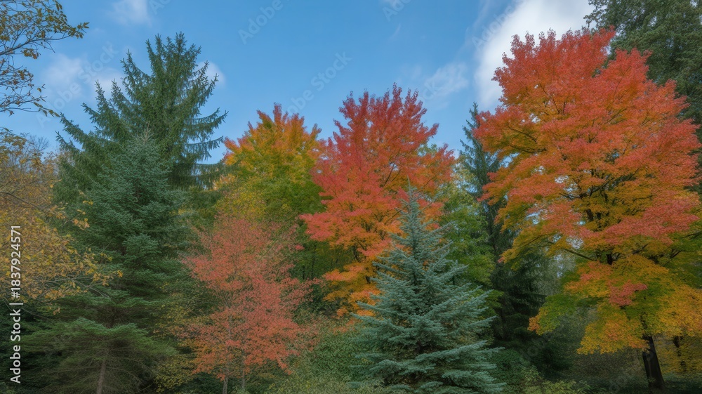 Naklejka premium Diverse autumn forest with vibrant red orange and green foliage under blue sky trees