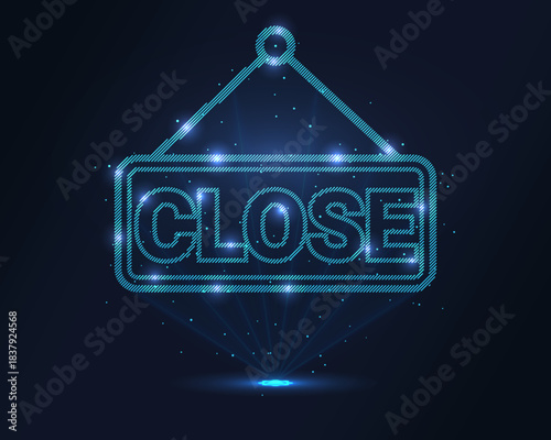 Holographic CLOSE sign in glowing blue wireframe projected via laser with floating particles. 3D effect for tech business closures sales end digital interfaces ideal for app alerts futuristic branding