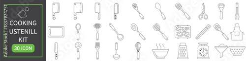 Comprehensive cooking utensil kit collection: a large set of outline vector icons featuring knives, spoons, forks, whisks, ladles, strainers, and kitchen tools.