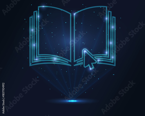 Holographic open book with cursor in glowing blue wireframe, projected via laser. Particles enhance 3D effect. Ideal for e learning, digital libraries, tech education and futuristic knowledge branding